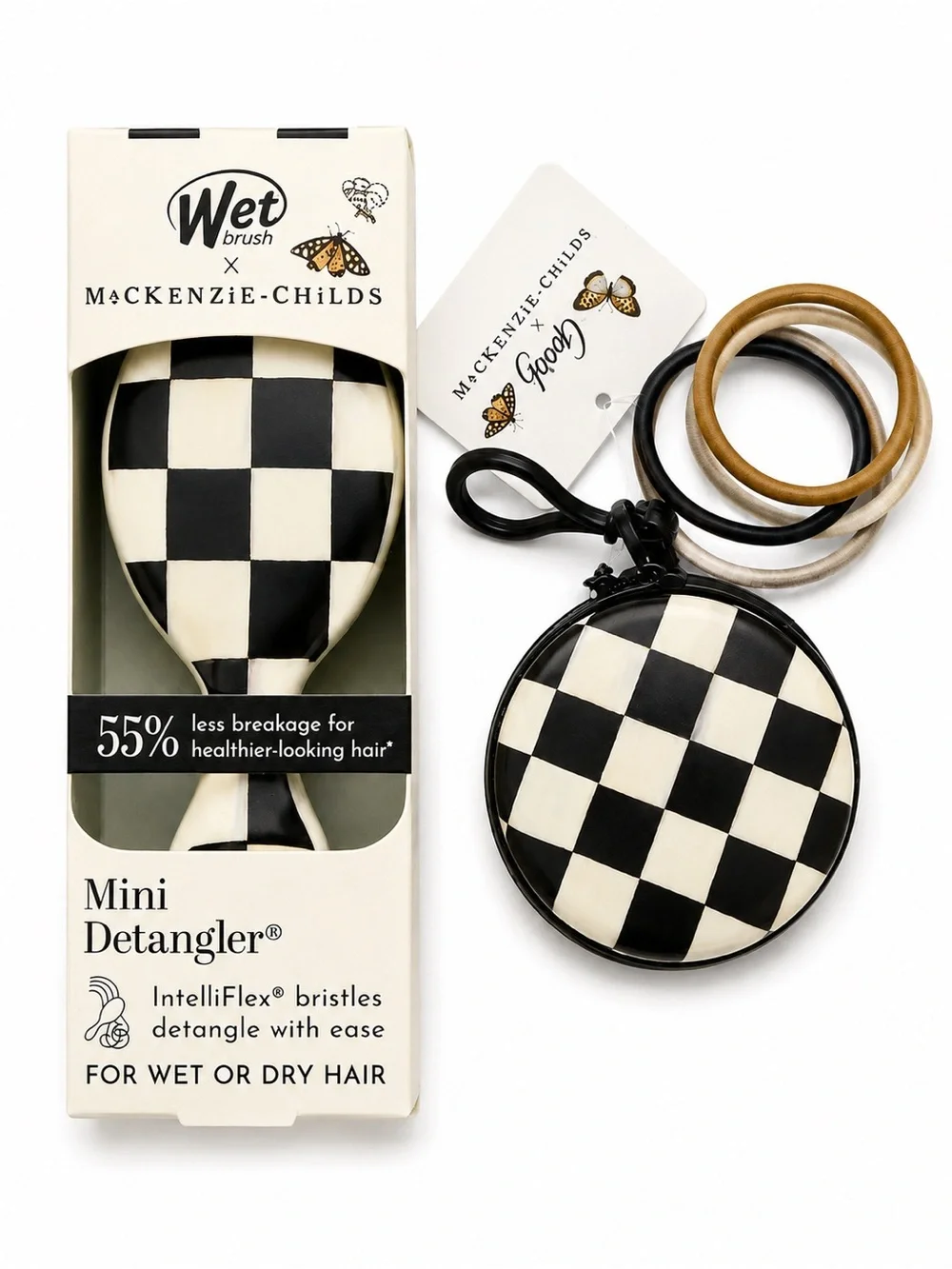 Wet Brush x MacKenzie-Childs Mini Detangler & Goody Hair Tie Set – Black Check